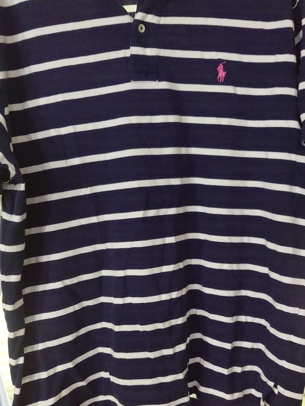 Ralph Lauren Navy and White Striped Polo with Pink Pony Xxl